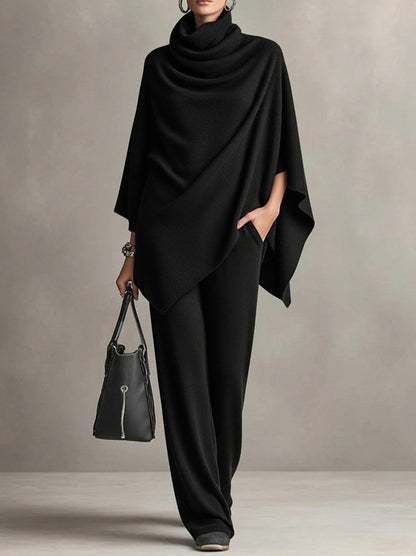 Knit Cowl Neck Cape and Wide Leg Trousers Set