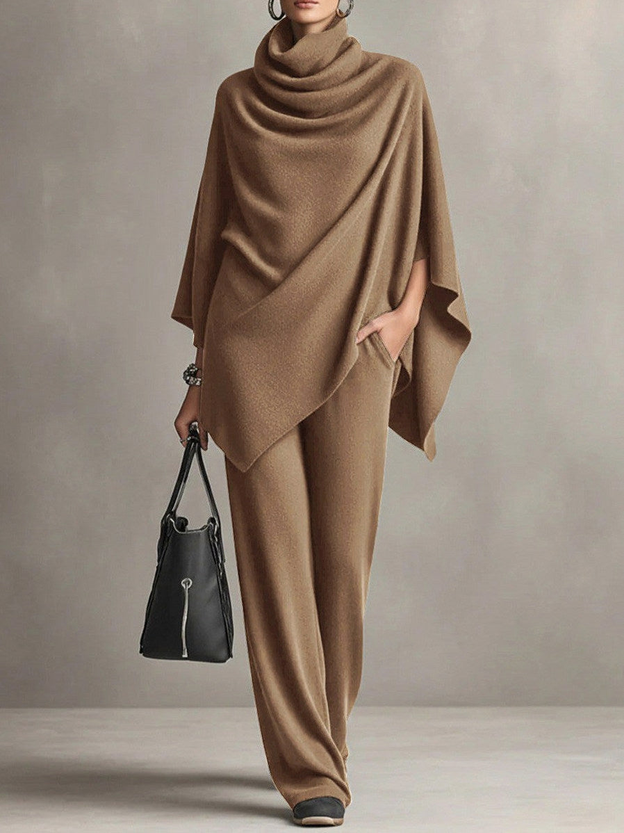 Knit Cowl Neck Cape and Wide Leg Trousers Set