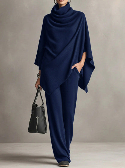 Knit Cowl Neck Cape and Wide Leg Trousers Set