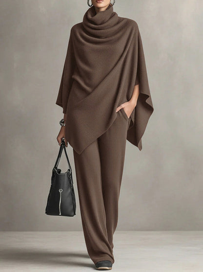 Knit Cowl Neck Cape and Wide Leg Trousers Set