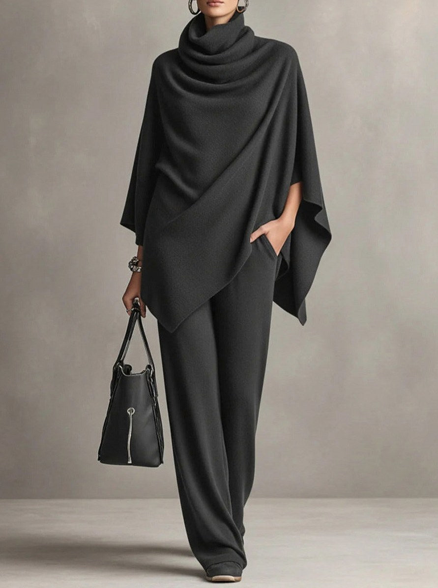 Knit Cowl Neck Cape and Wide Leg Trousers Set