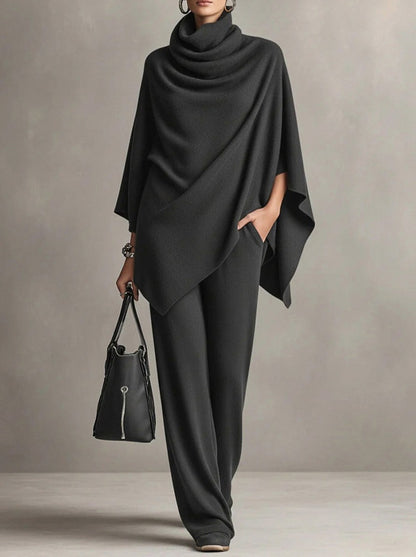 Knit Cowl Neck Cape and Wide Leg Trousers Set