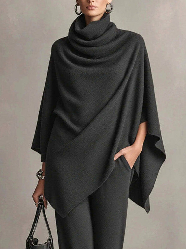 Knit Cowl Neck Cape and Wide Leg Trousers Set