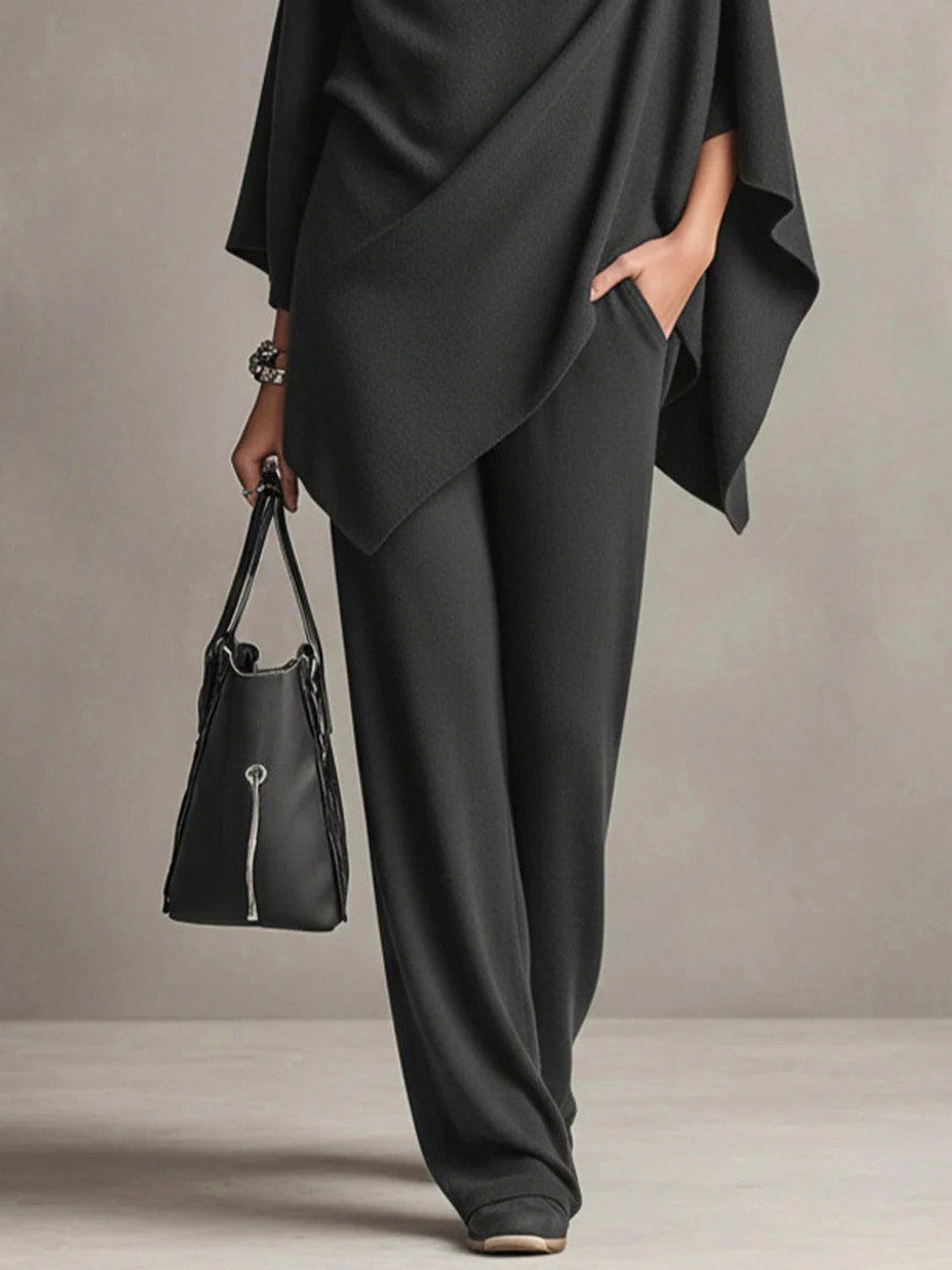 Knit Cowl Neck Cape and Wide Leg Trousers Set