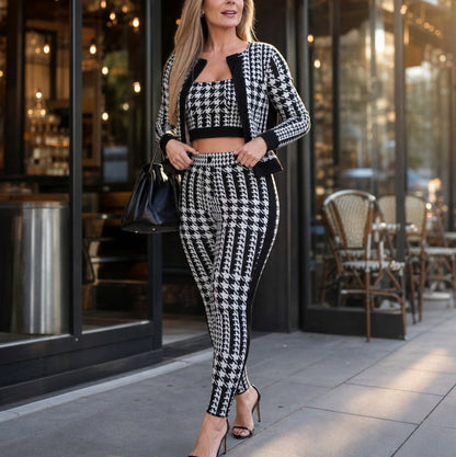 Knit Houndstooth Long Sleeve Co Ord Set