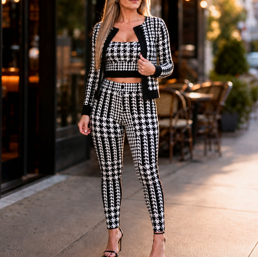 Knit Houndstooth Long Sleeve Co Ord Set