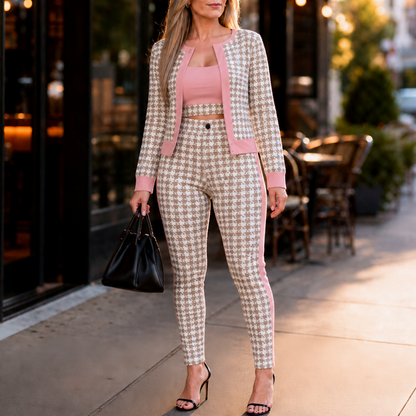 Knit Houndstooth Long Sleeve Co Ord Set