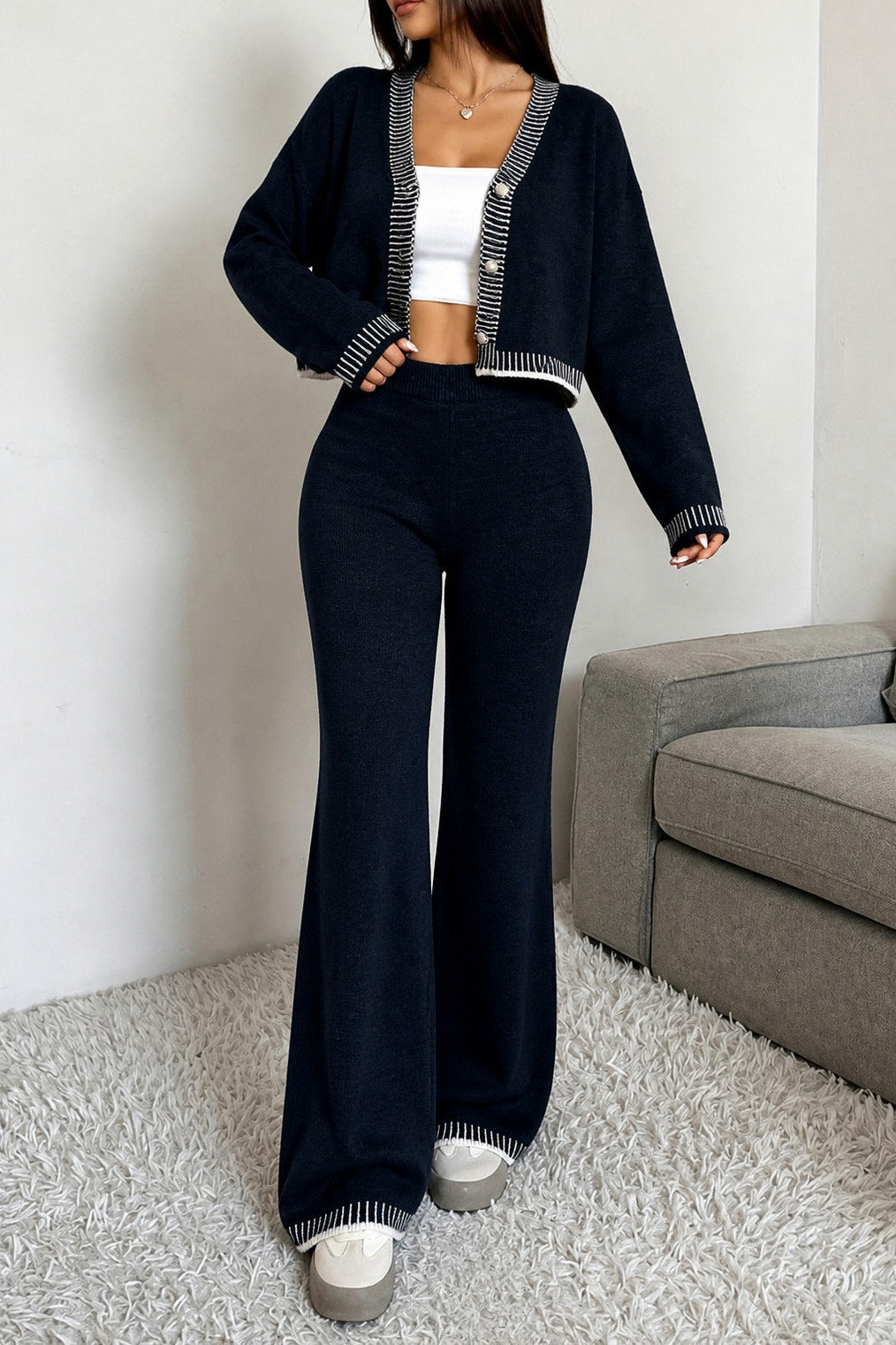 Knit Contrast Trim Cropped Cardigan Co Ord Set