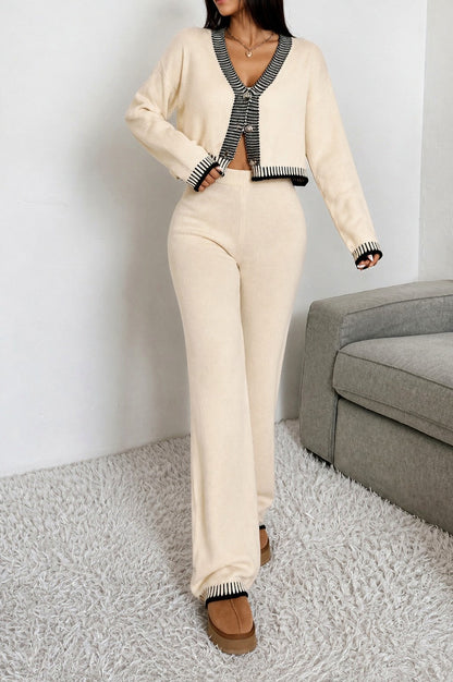 Knit Contrast Trim Cropped Cardigan Co Ord Set