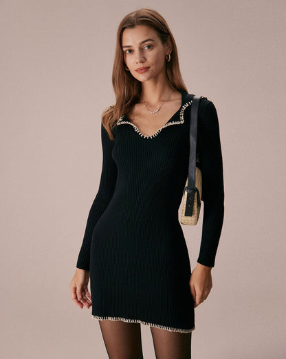 Knit Long Sleeve Collared Mini Dress