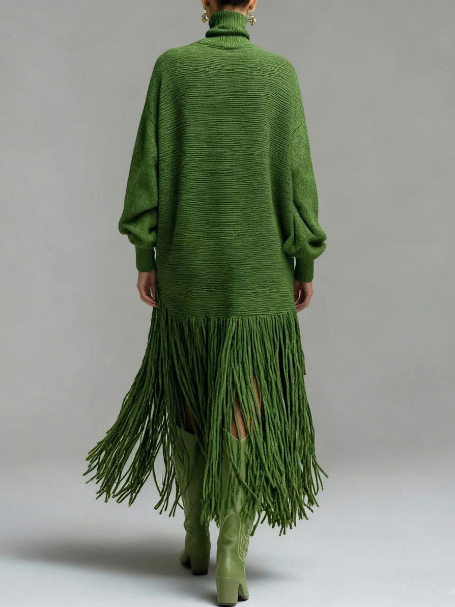 Knit Long Sleeve Fringe Maxi Dress