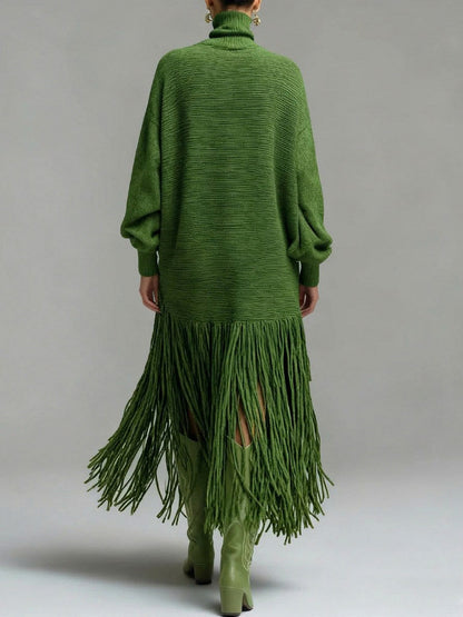 Knit Long Sleeve Fringe Maxi Dress