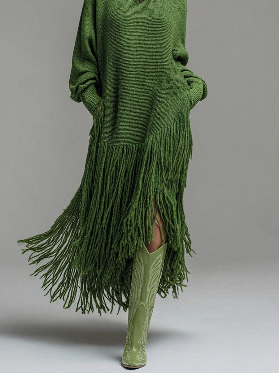 Knit Long Sleeve Fringe Maxi Dress