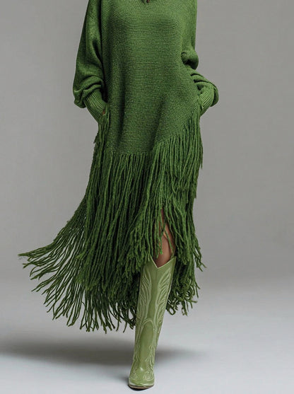 Knit Long Sleeve Fringe Maxi Dress