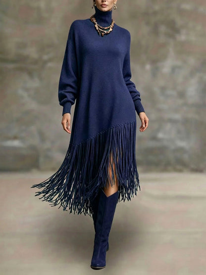 Knit Long Sleeve Fringe Maxi Dress