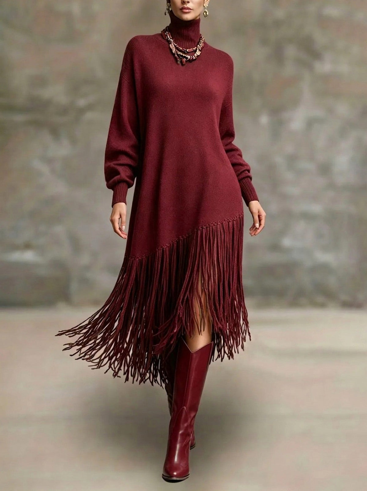 Knit Long Sleeve Fringe Maxi Dress