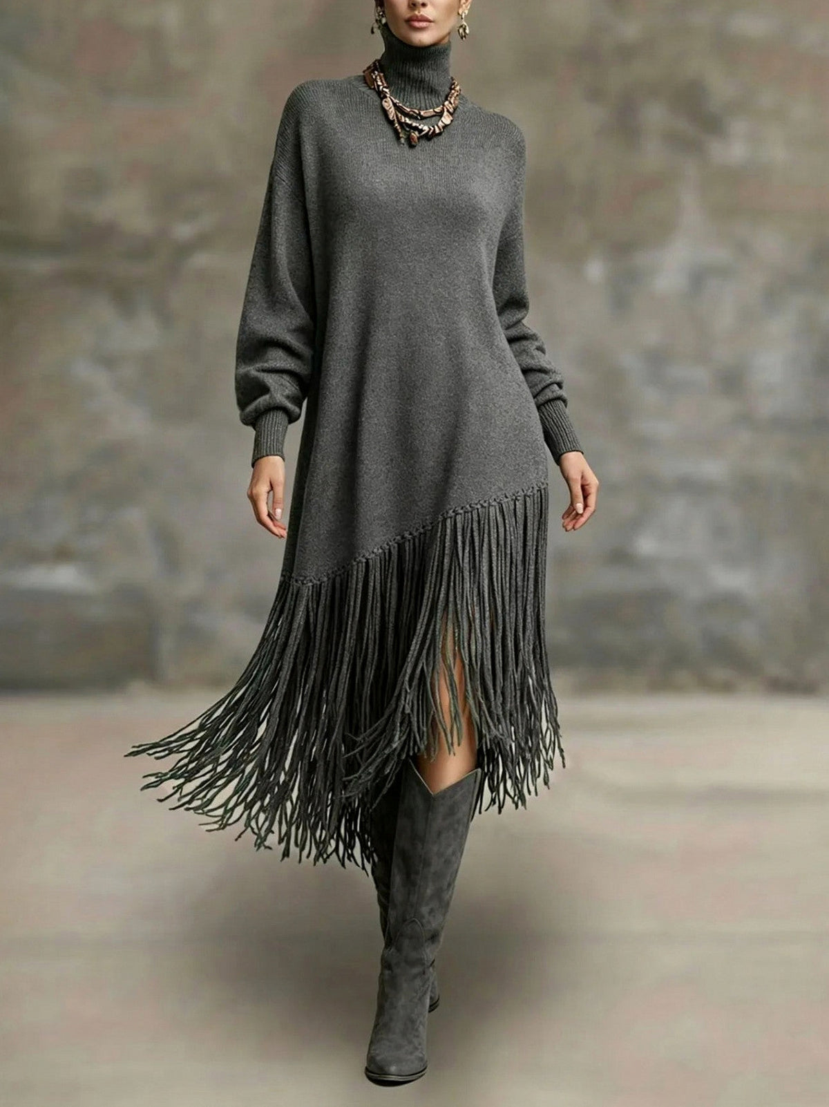 Knit Long Sleeve Fringe Maxi Dress