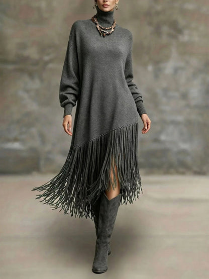 Knit Long Sleeve Fringe Maxi Dress