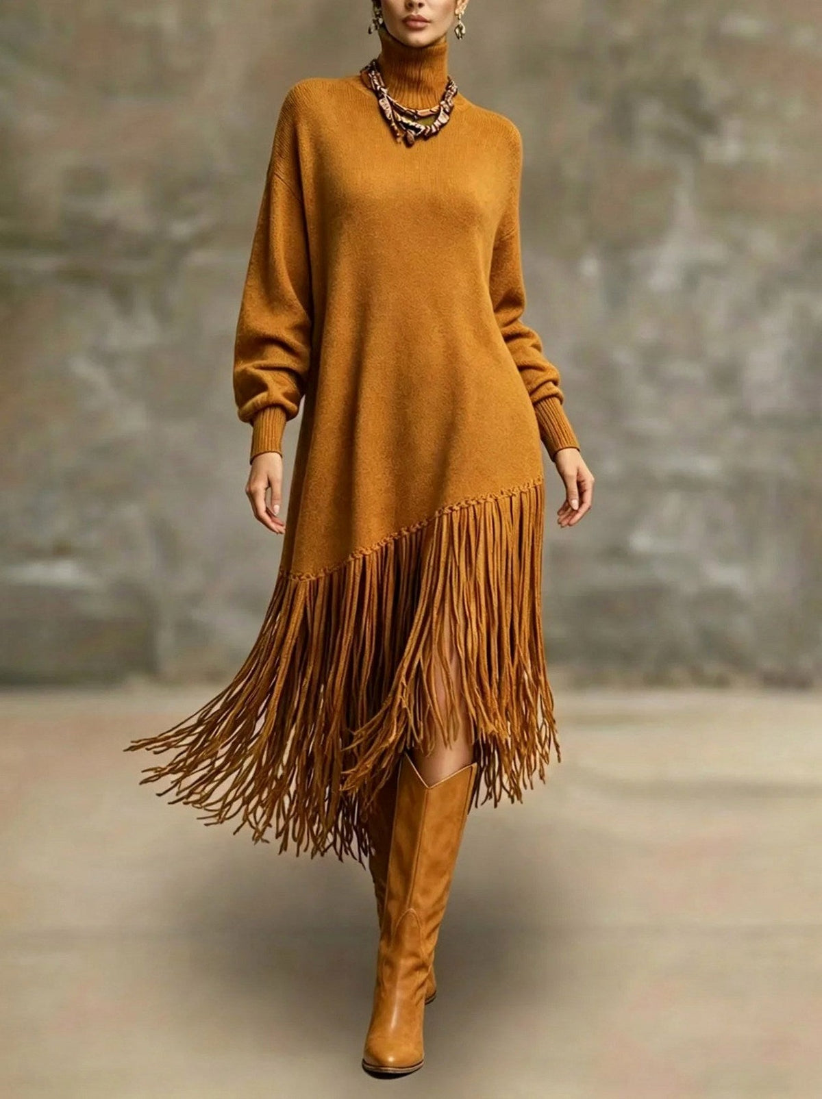 Knit Long Sleeve Fringe Maxi Dress