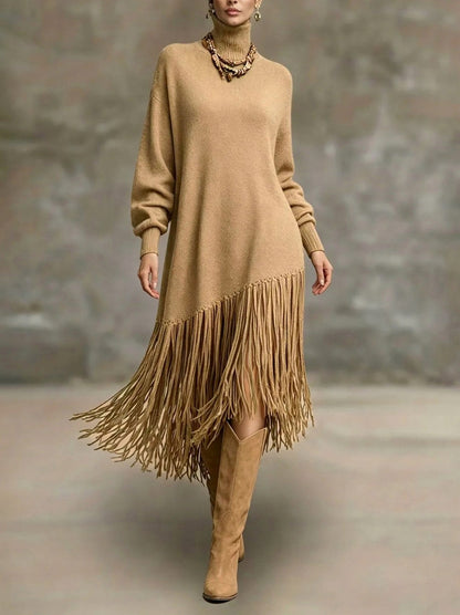 Knit Long Sleeve Fringe Maxi Dress