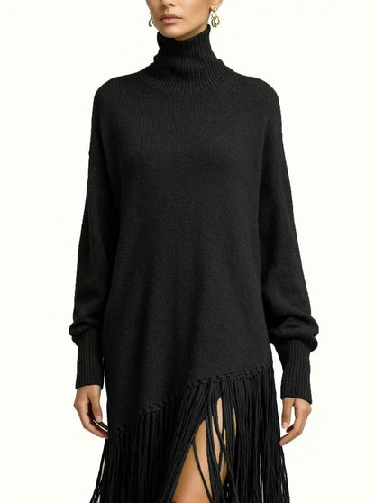 Knit Long Sleeve Fringe Maxi Dress