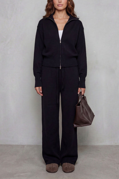 Knit Zip Up Collared Long Sleeve Two Piece Set