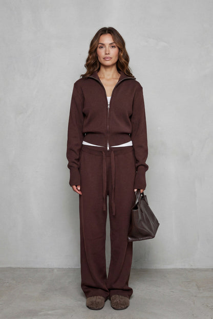 Knit Zip Up Collared Long Sleeve Two Piece Set