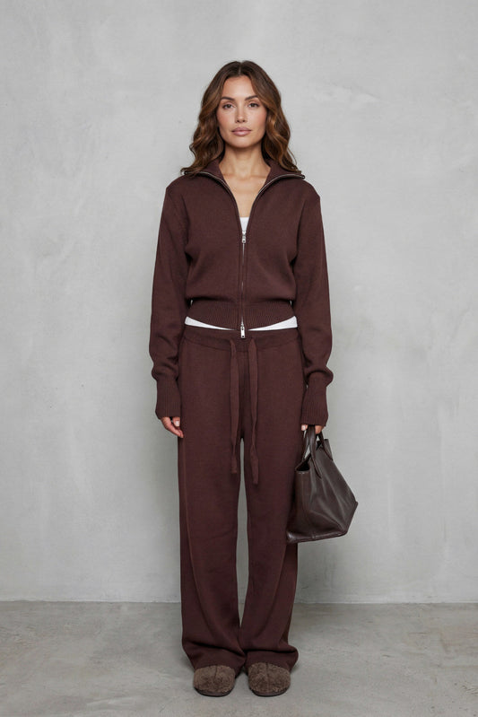 Knit Zip Up Collared Long Sleeve Two Piece Set