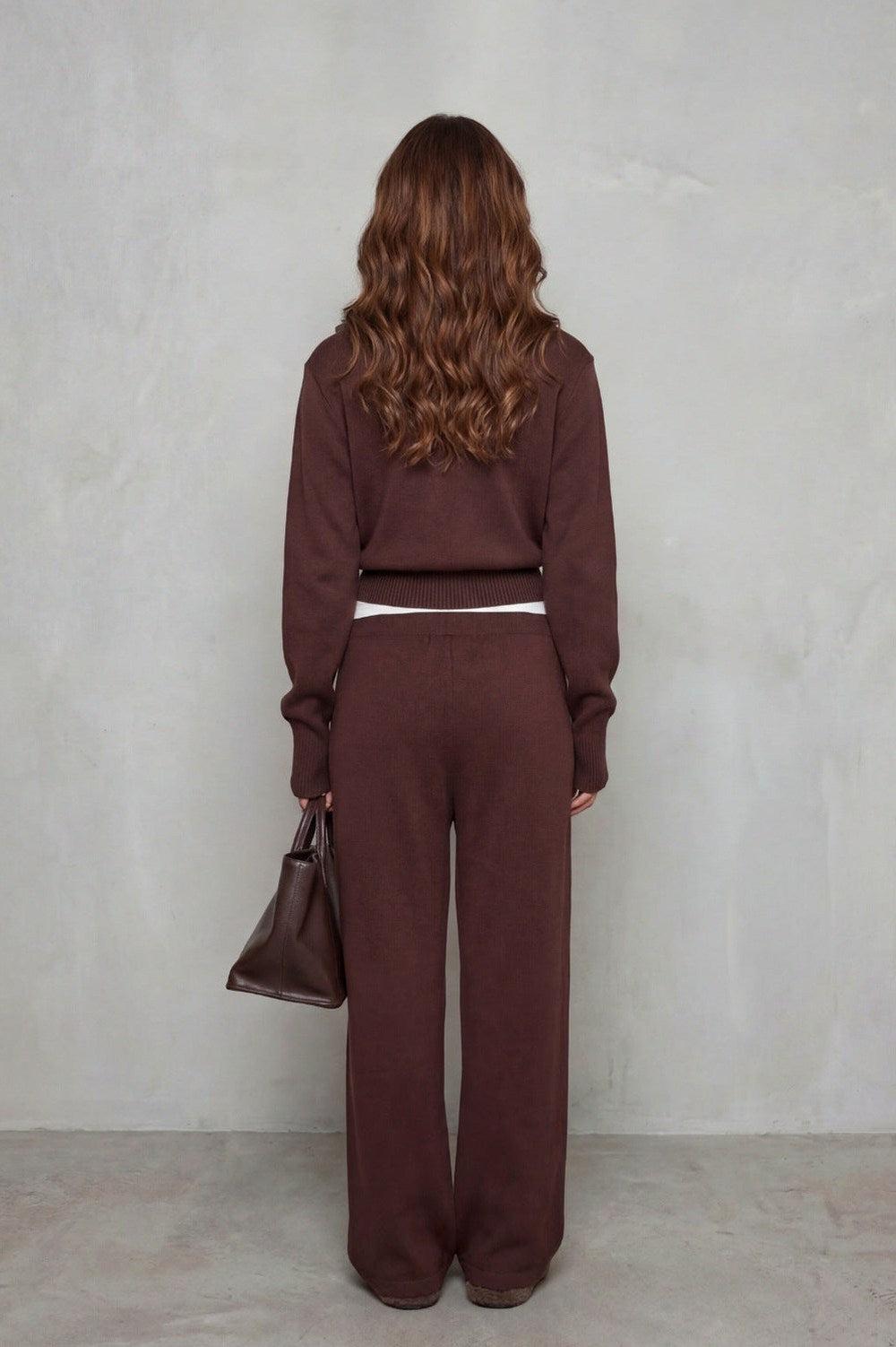 Knit Zip Up Collared Long Sleeve Two Piece Set