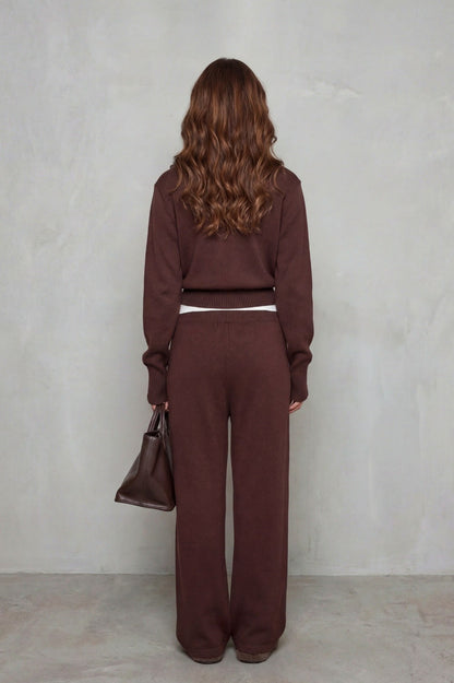 Knit Zip Up Collared Long Sleeve Two Piece Set