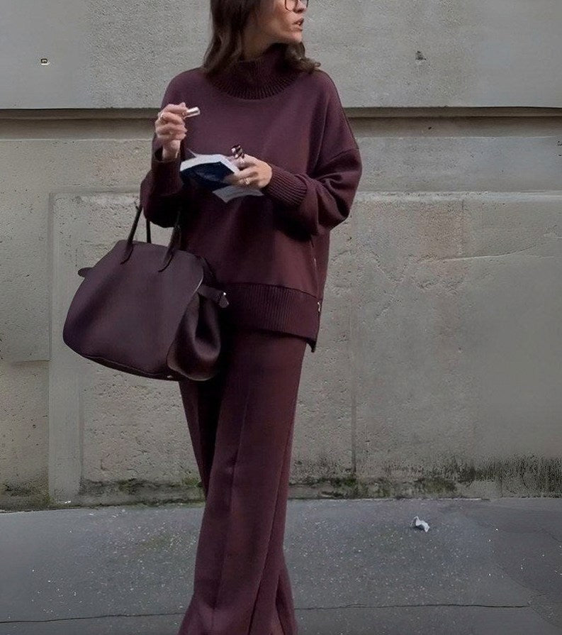 Knit Roll Neck Wide Leg Two Piece Set