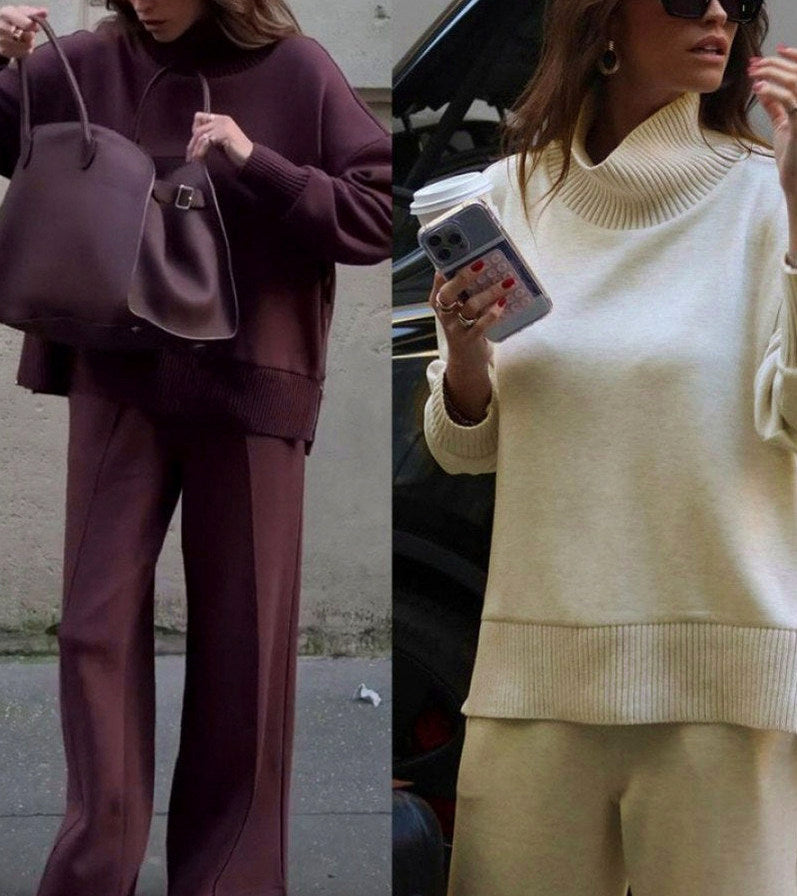 Knit Roll Neck Wide Leg Two Piece Set