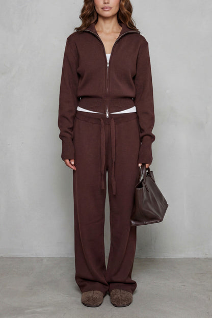 Knit Zip Up Collared Long Sleeve Two Piece Set