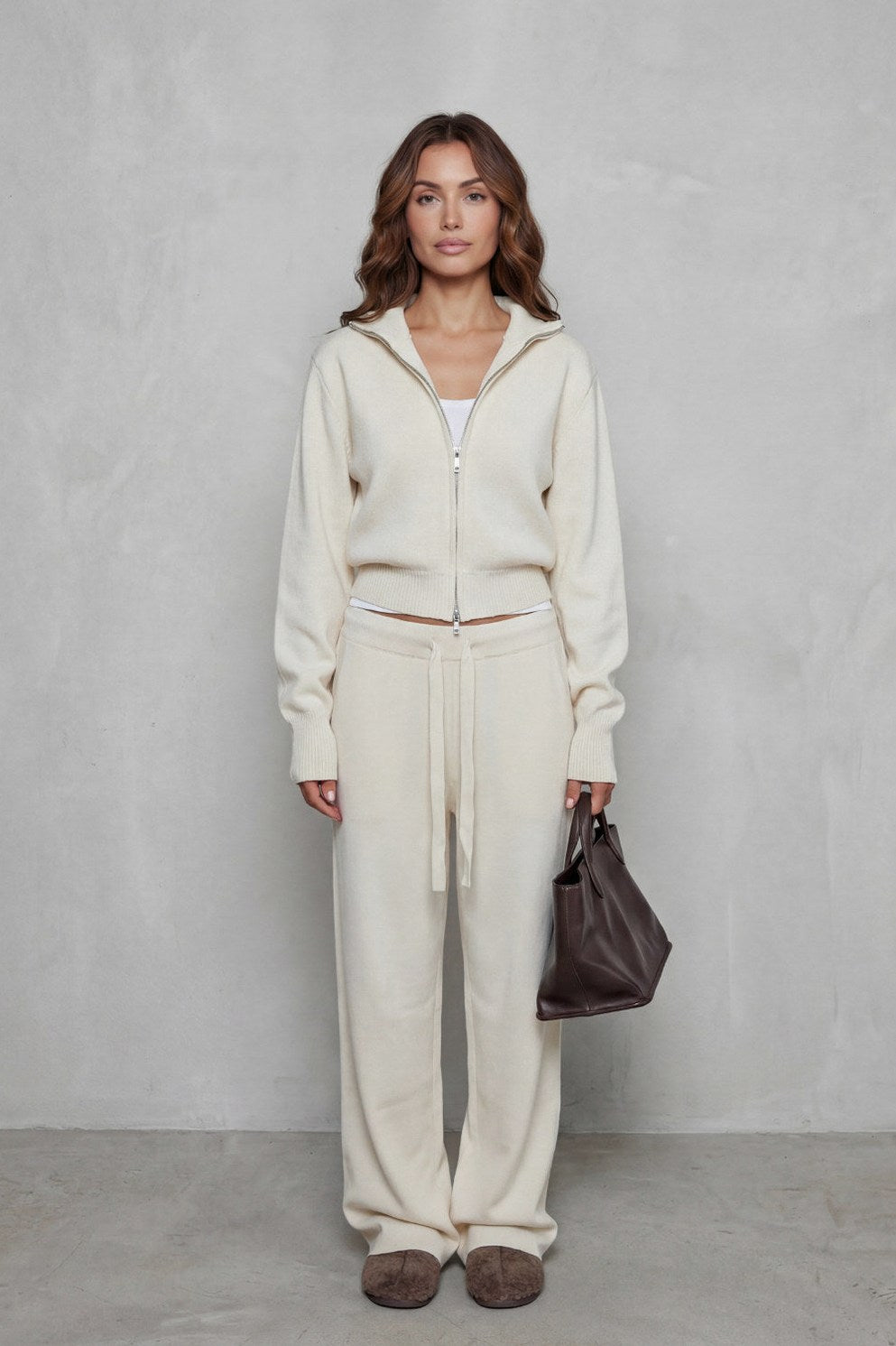 Knit Zip Up Collared Long Sleeve Two Piece Set