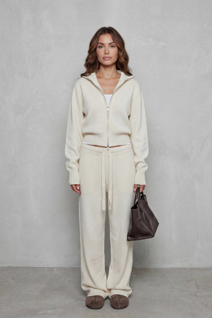 Knit Zip Up Collared Long Sleeve Two Piece Set
