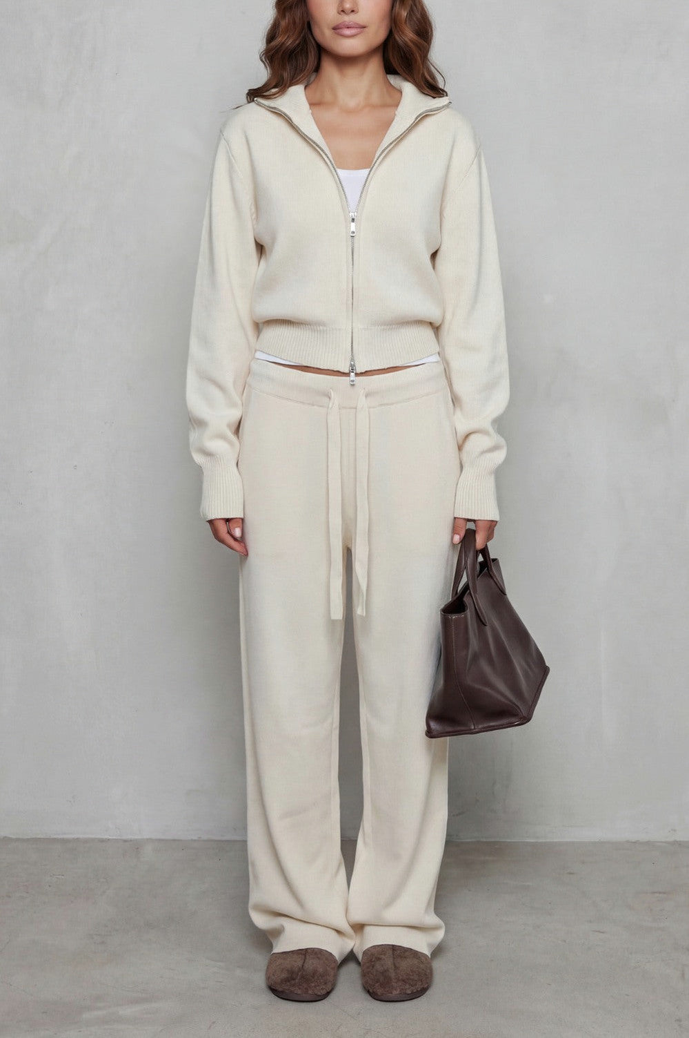 Knit Zip Up Collared Long Sleeve Two Piece Set