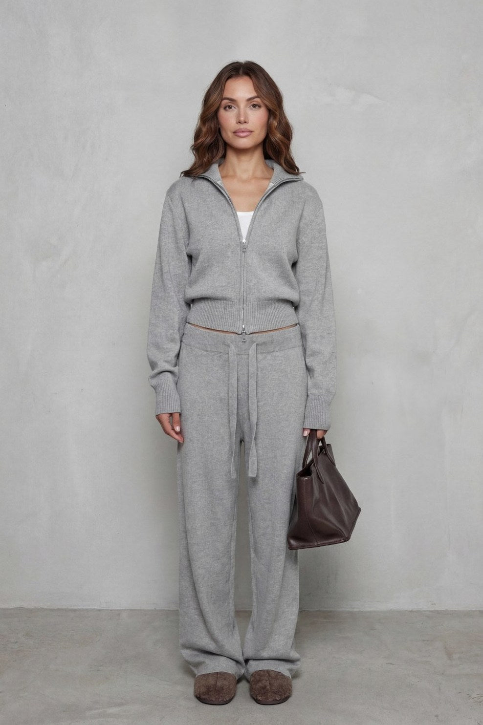 Knit Zip Up Collared Long Sleeve Two Piece Set