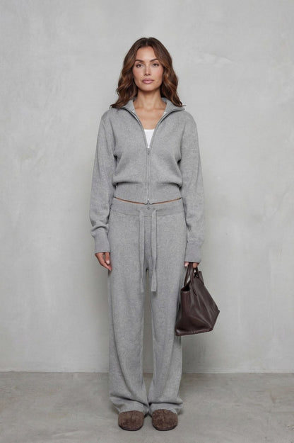 Knit Zip Up Collared Long Sleeve Two Piece Set