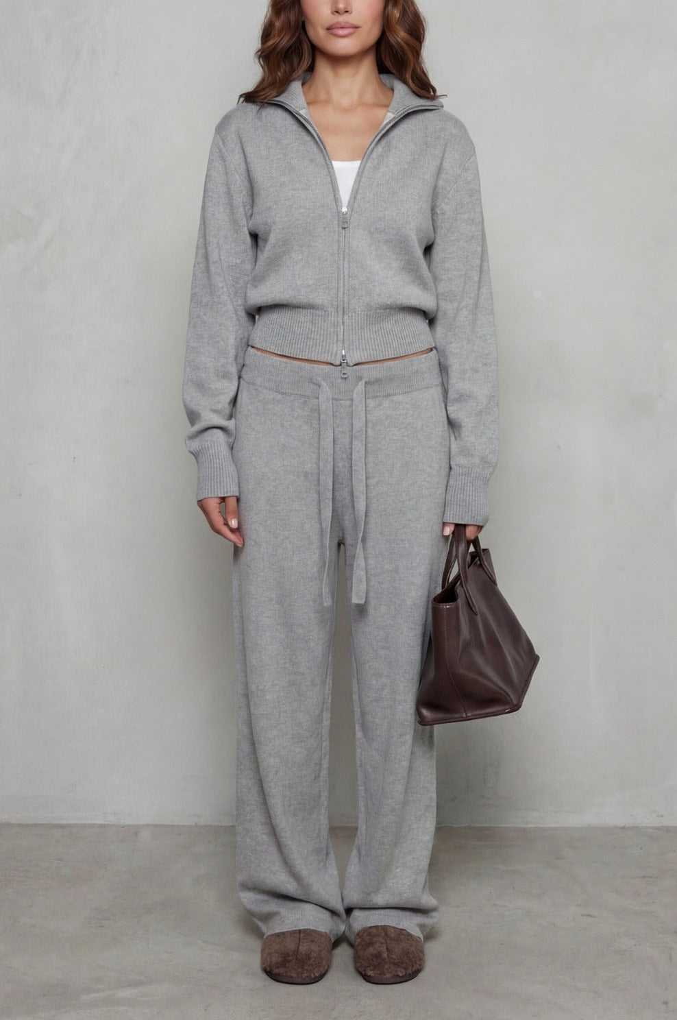 Knit Zip Up Collared Long Sleeve Two Piece Set