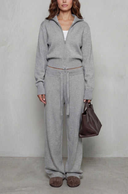 Knit Zip Up Collared Long Sleeve Two Piece Set