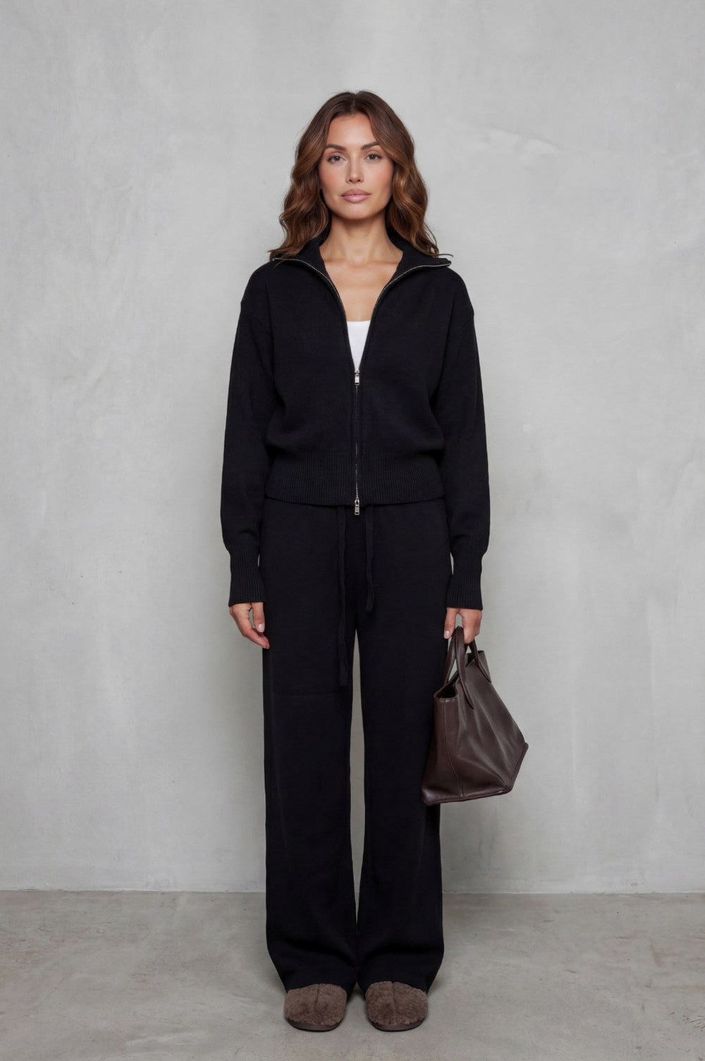 Knit Zip Up Collared Long Sleeve Two Piece Set