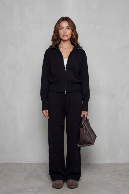 Knit Zip Up Collared Long Sleeve Two Piece Set