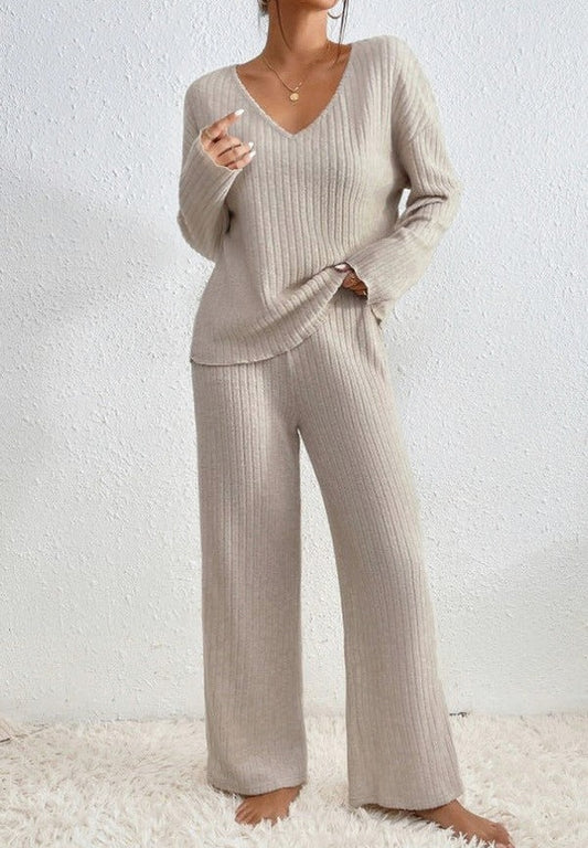 Knit Ribbed V Neck Long Sleeve Wide Leg Co Ord Set