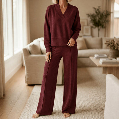 Knit Crossover V Neck Long Sleeve Wide Leg Co Ord Set