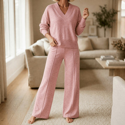 Knit Crossover V Neck Long Sleeve Wide Leg Co Ord Set