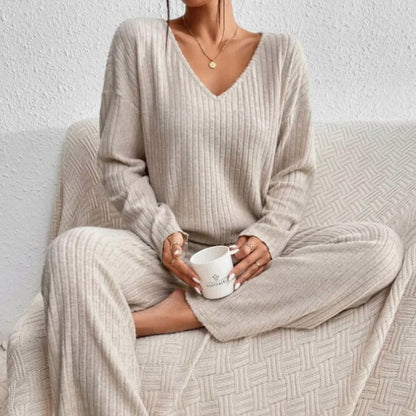 Knit Ribbed V Neck Long Sleeve Wide Leg Co Ord Set