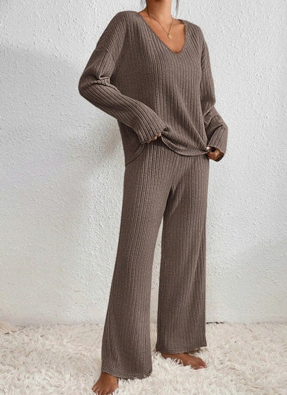 Knit Ribbed V Neck Long Sleeve Wide Leg Co Ord Set