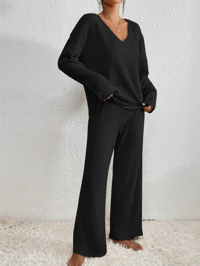 Knit Ribbed V Neck Long Sleeve Wide Leg Co Ord Set