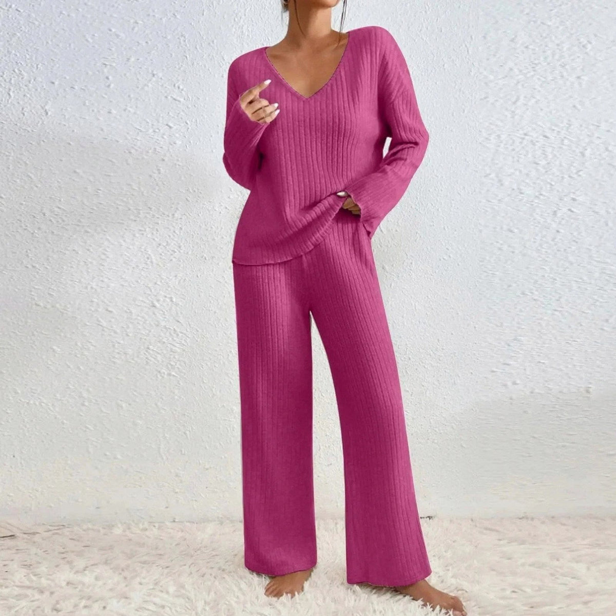 Knit Ribbed V Neck Long Sleeve Wide Leg Co Ord Set