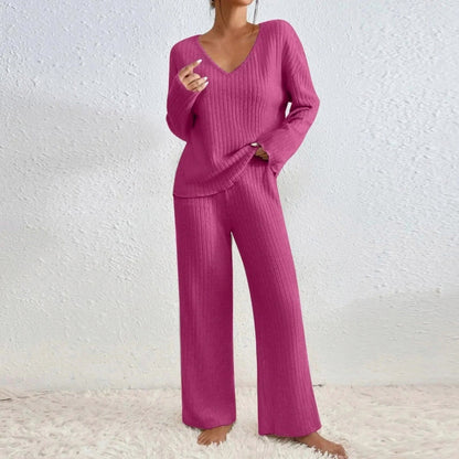Knit Ribbed V Neck Long Sleeve Wide Leg Co Ord Set